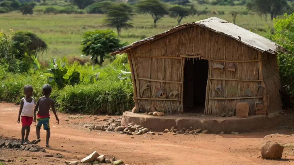 a couple of kids standing in front of a hut, 3d animation