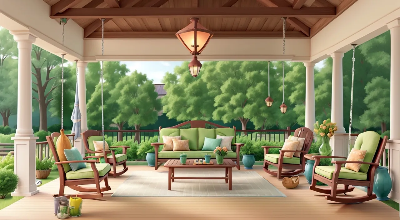 a painting of a porch with rocking chairs