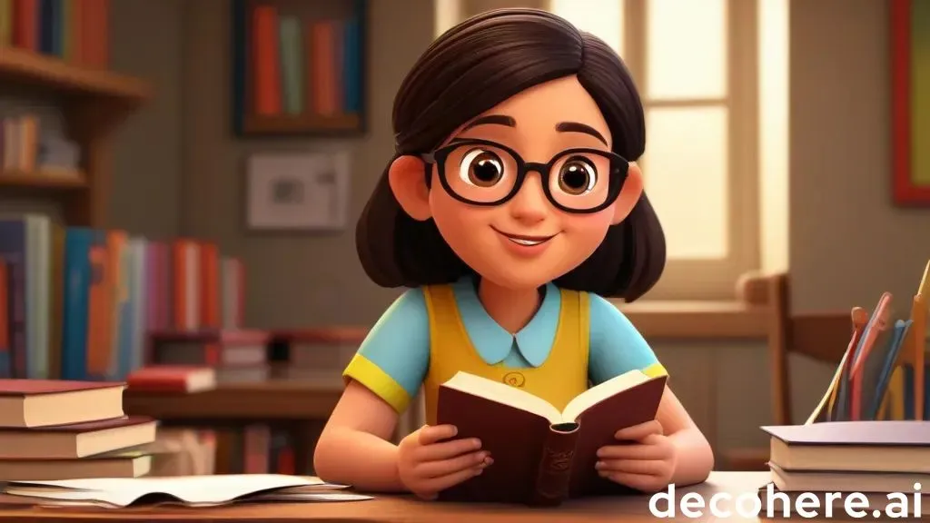 a cartoon girl sitting at a desk reading a book