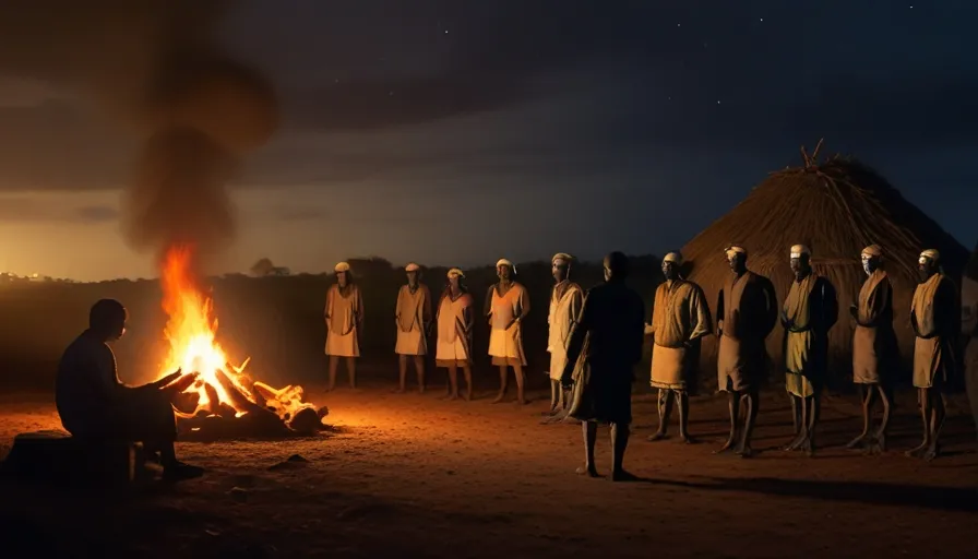 a group of people standing around a fire