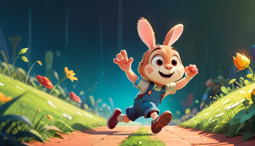 a rabbit running down a path in a cartoon