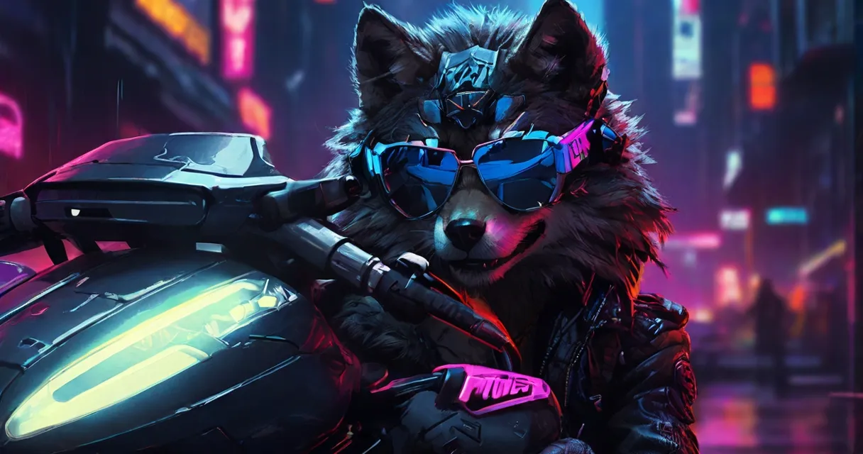 a wolf wearing goggles and holding a motorcycle