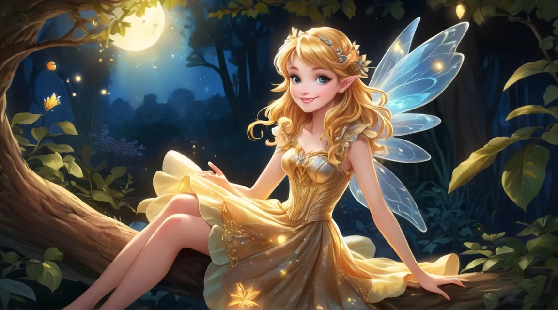 a fairy sitting on a tree branch in a forest smiling