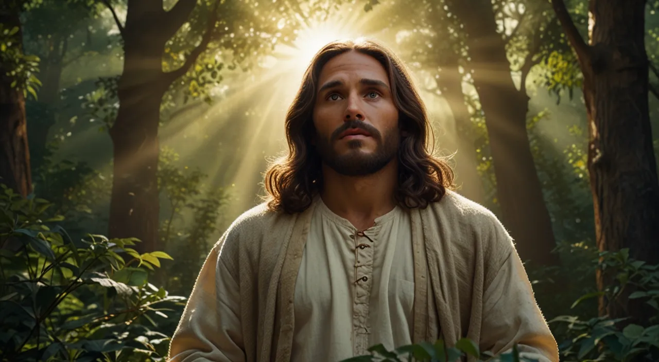 jesus standing in the middle of a forest