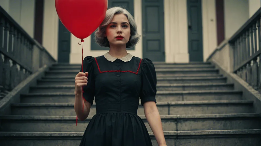 a woman in a black dress walking down the street holding a red balloon