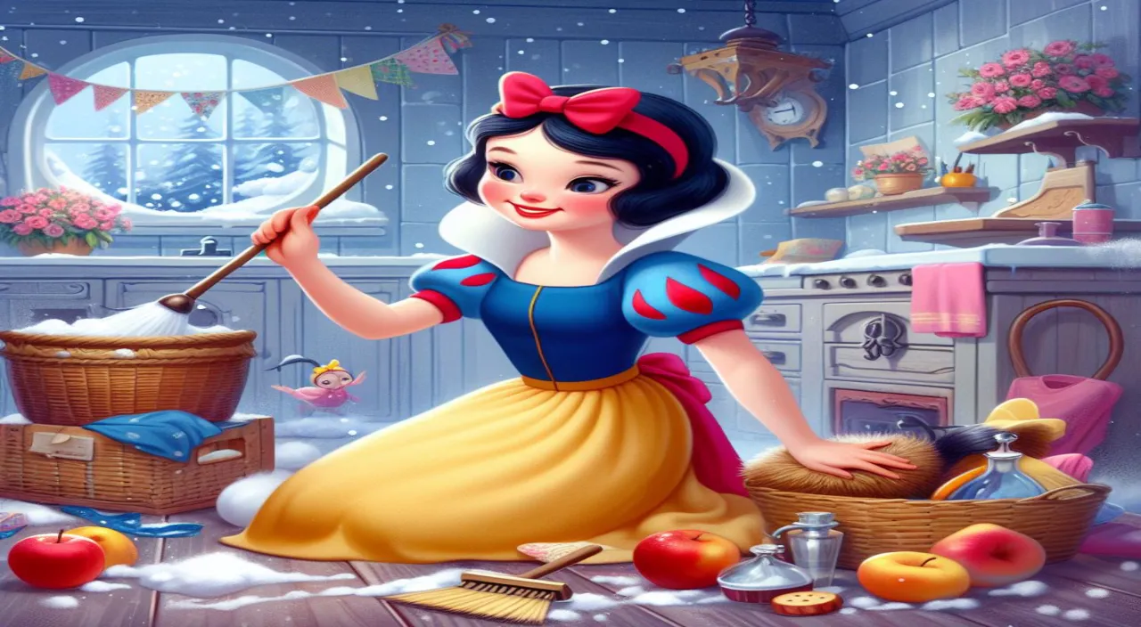 a snow princess in a kitchen with a broom