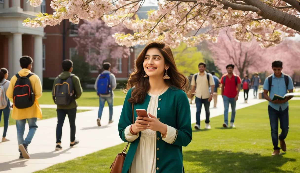 Campus Serenade: On a university campus, a Pakistani girl walking under a blossoming tree, a Bollywood song softly playing from her phone. The 4K wide shot captures students walking by and studying, but her smile and dreamy gaze reveal she is thinking about her boyfriend, who is attending a university in the United States, lost in her own romantic world.