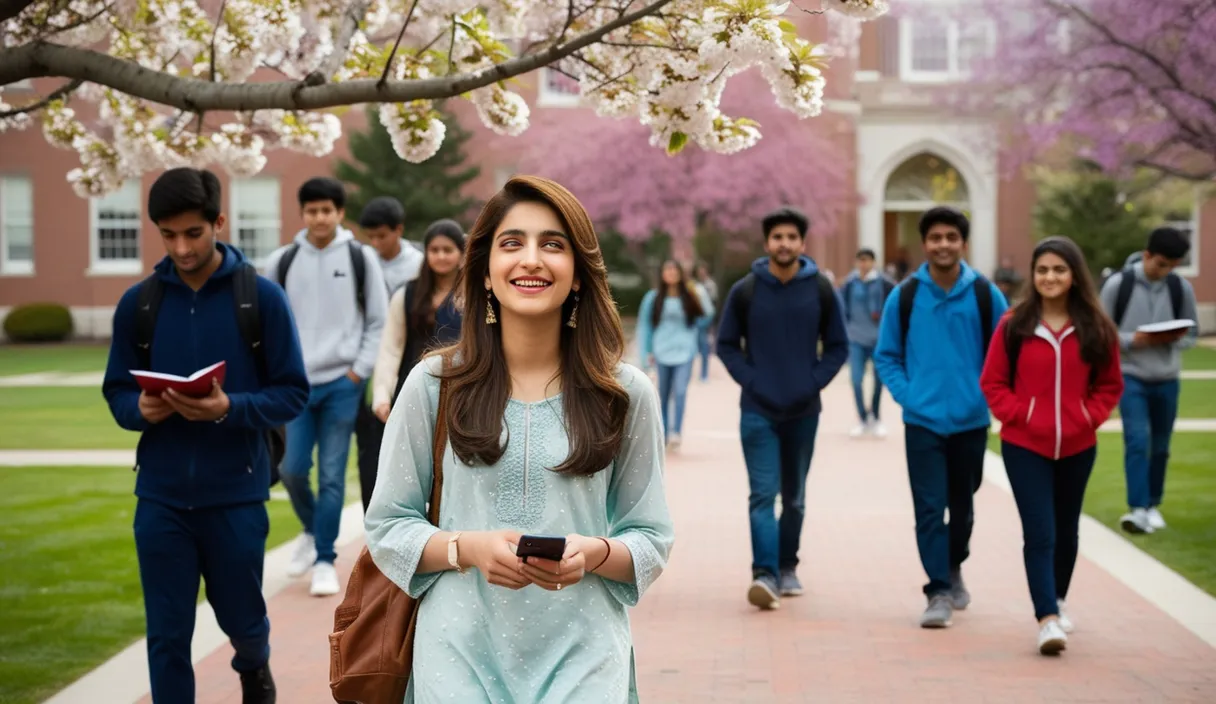 Campus Serenade: On a university campus, a Pakistani girl walking under a blossoming tree, a Bollywood song softly playing from her phone. The 4K wide shot captures students walking by and studying, but her smile and dreamy gaze reveal she is thinking about her boyfriend, who is attending a university in the United States, lost in her own romantic world.