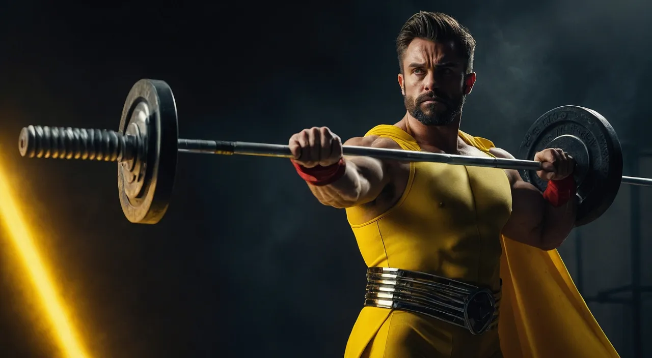 a man in a yellow outfit is holding a barbell