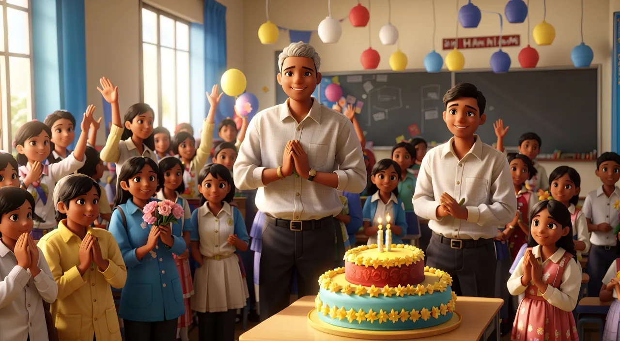 a man standing in front of a cake surrounded by children slowly walking and moving hands slowly,  children slowly clapping. All looking smiling slightly, looking fantastic. Room looking very beautiful, sunshine entering the room. 