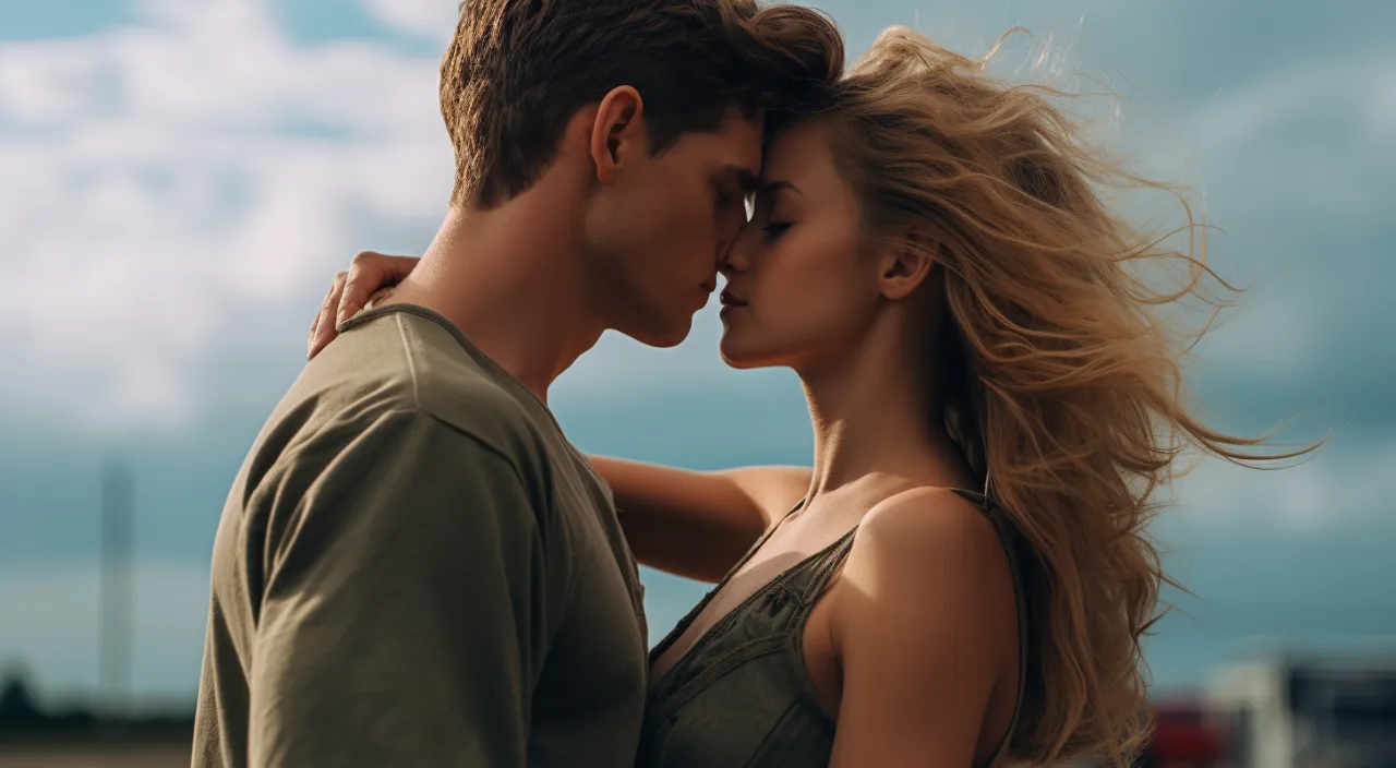 a man and a woman in front of a cloudy sky