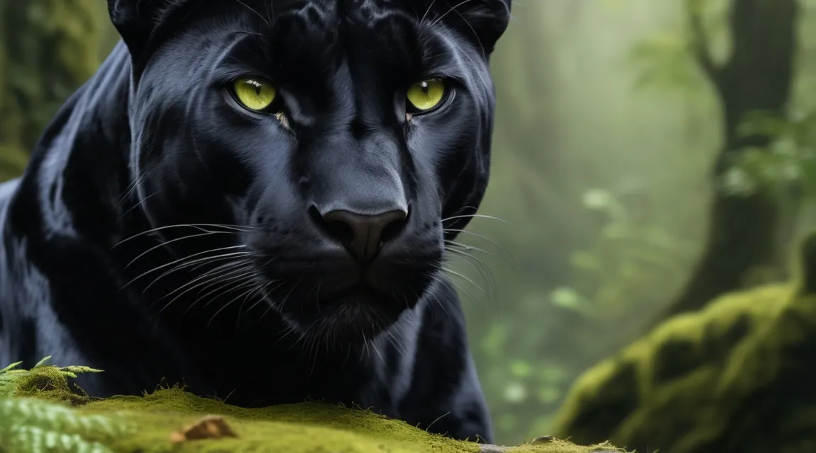 a close up of a black panther with green eyes