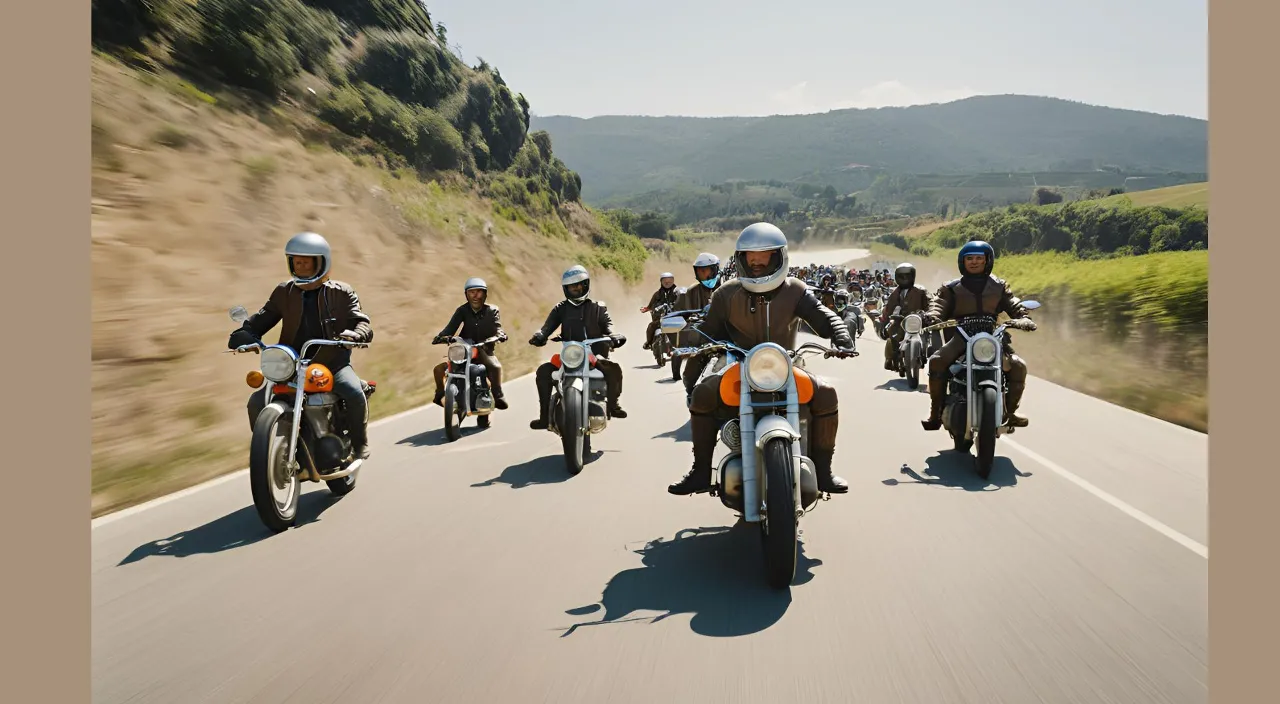 a group of people riding motorcycles down a road