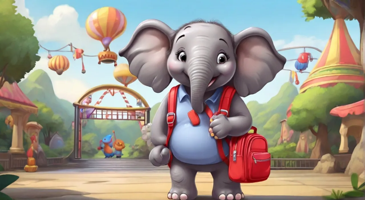 an elephant with a red backpack is standing in front of an amusement park