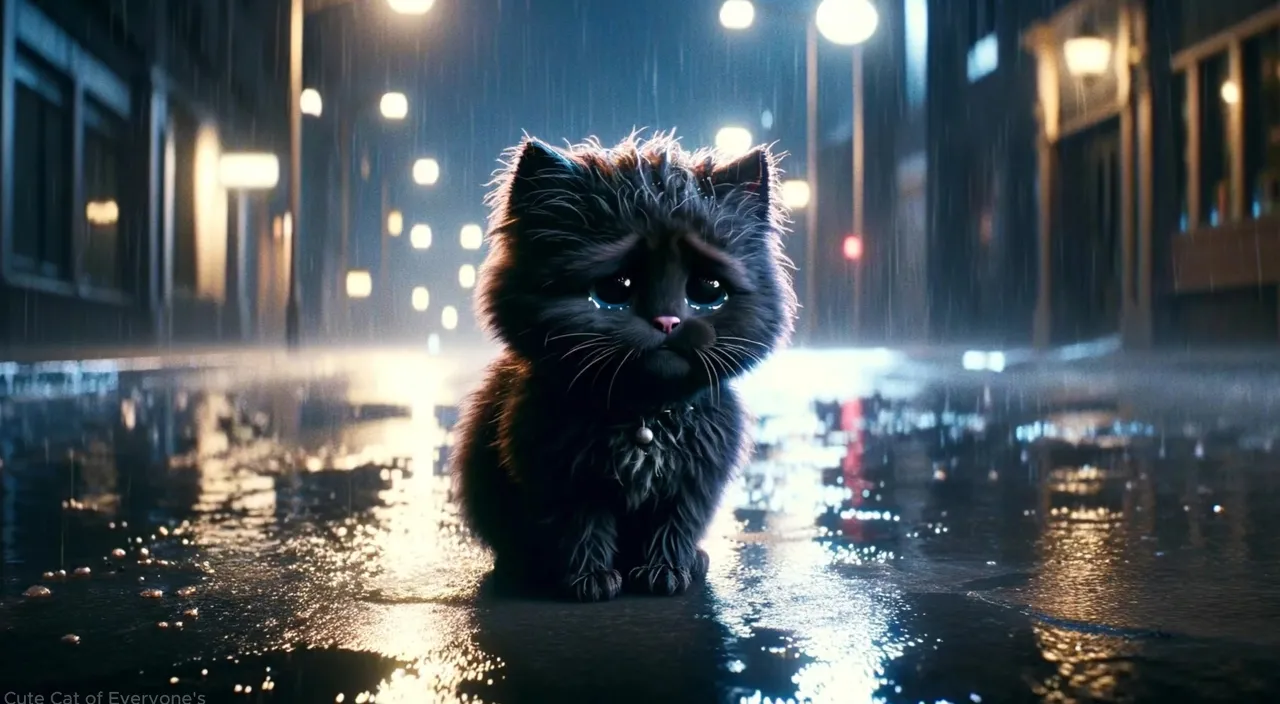 a cat sitting in the rain on a rainy night