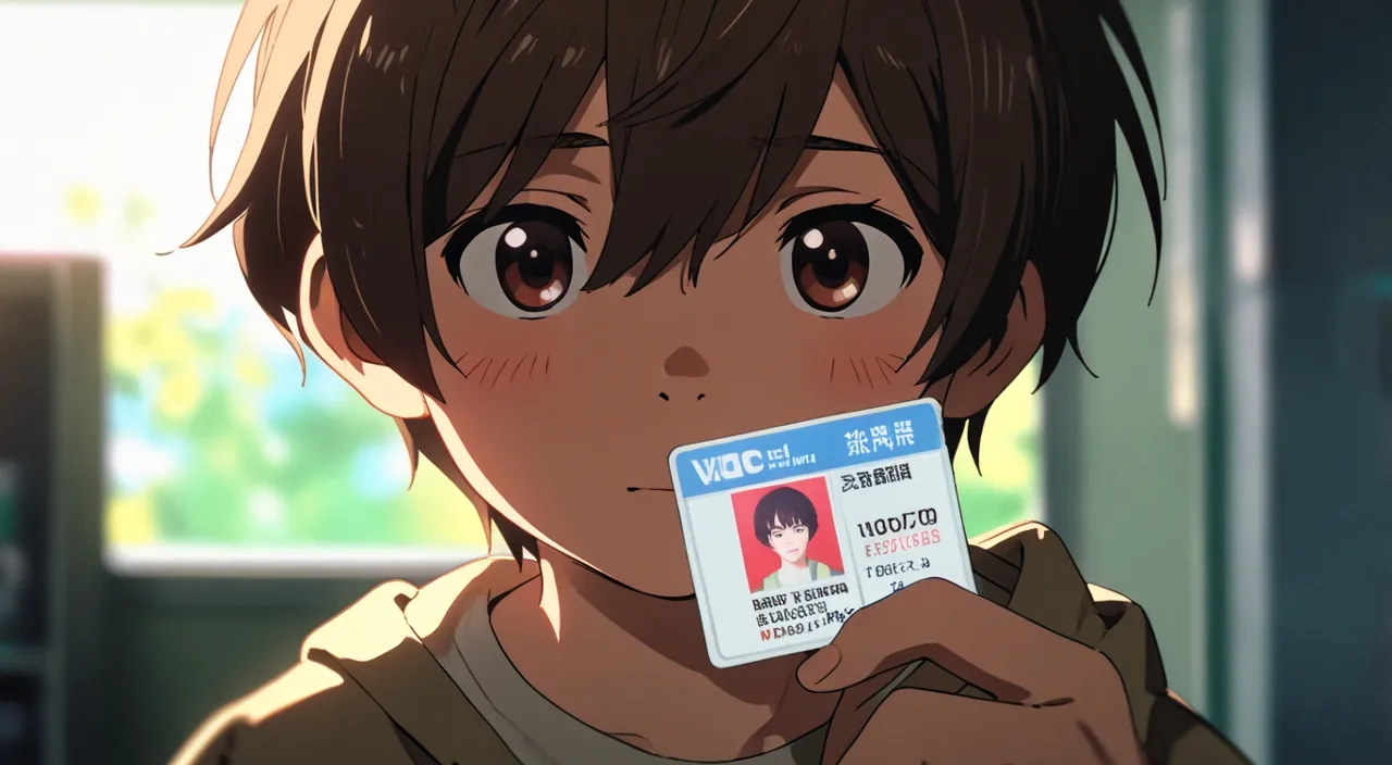 little boy is holding a card in front of their face