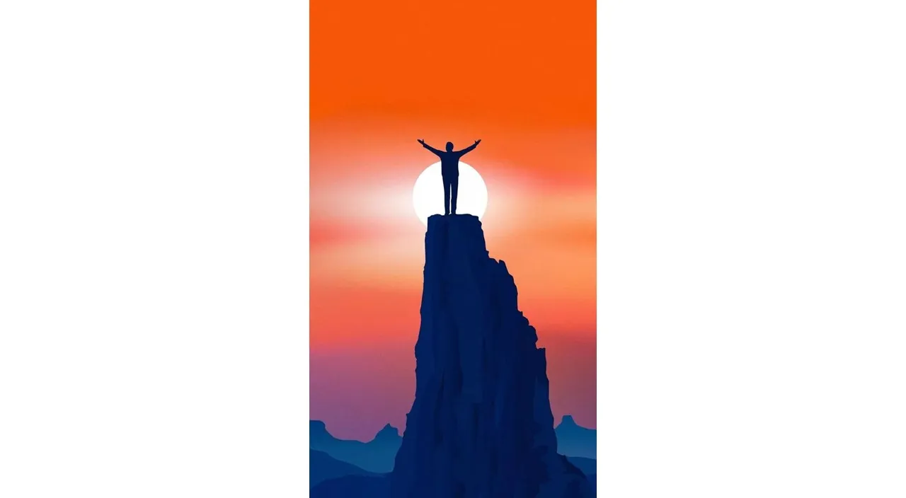 a person standing on top of a mountain with their arms in the air