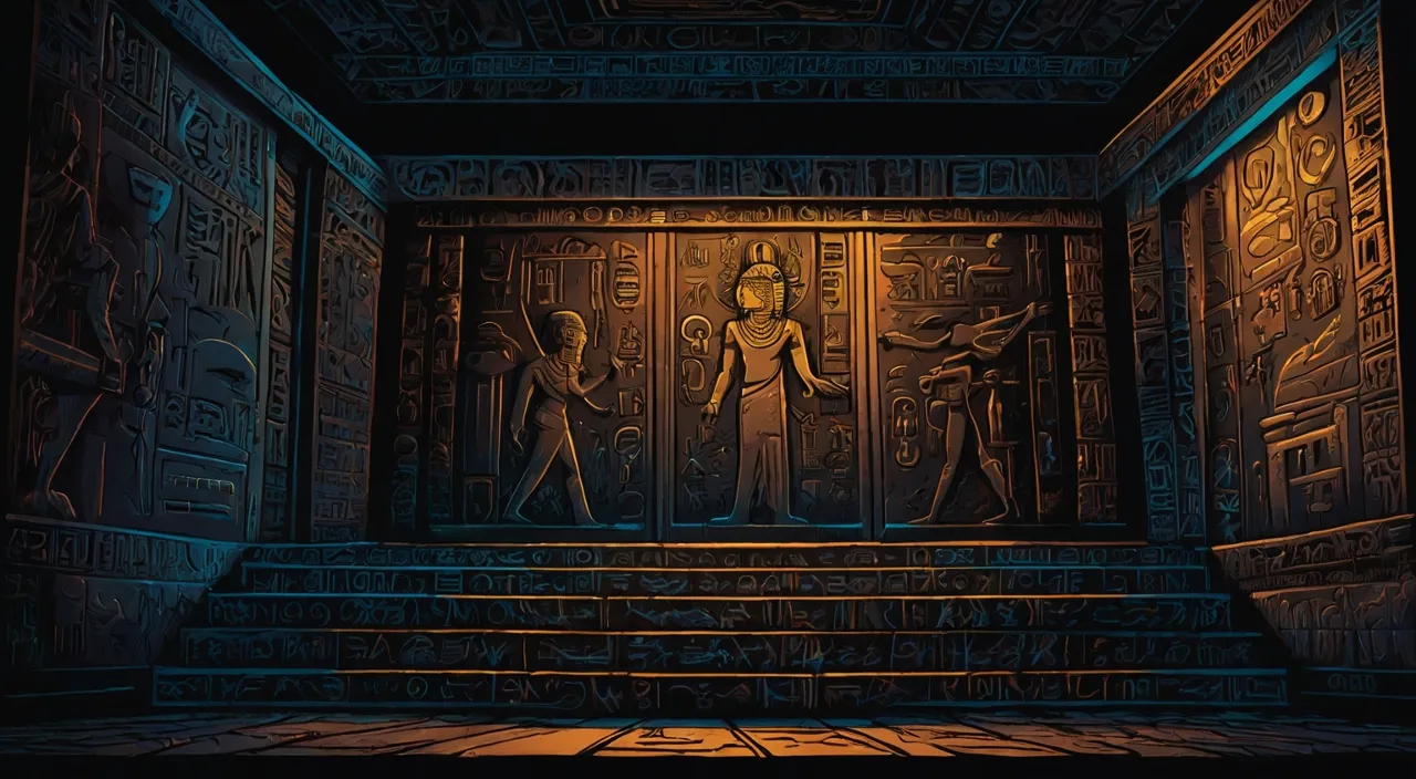 a scene of a egyptian temple with statues