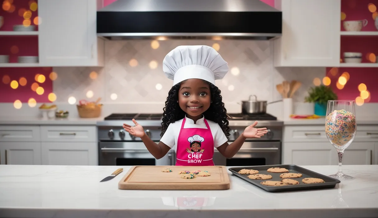 a little girl wearing a chef's hat and apron standing in front of a