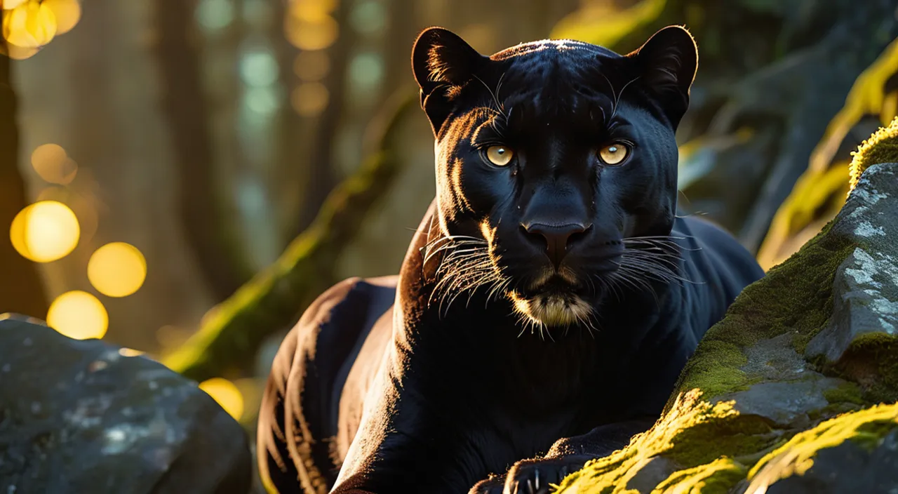 a close up of a black panther on a rock