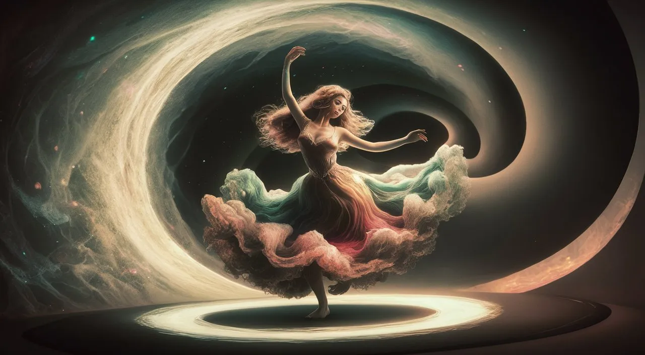 a woman in a long dress is dancing in front of a circular object