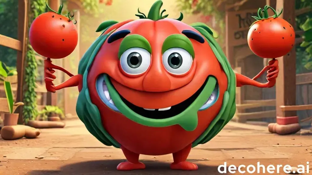 a cartoon tomato holding two tomatoes in his hands