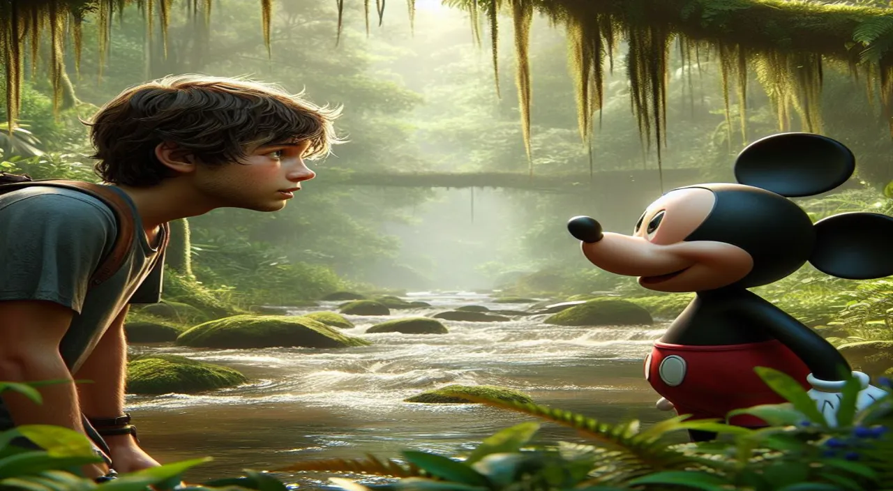 a boy looking at a mickey mouse in the jungle