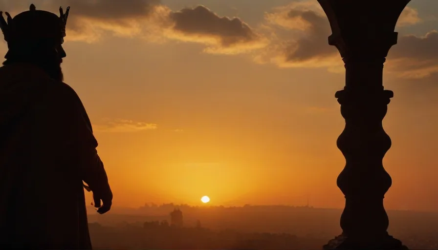 silhouette of King David on his balcony, looking over the city.