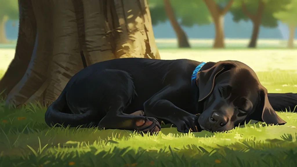 a black dog laying in the grass next to a tree