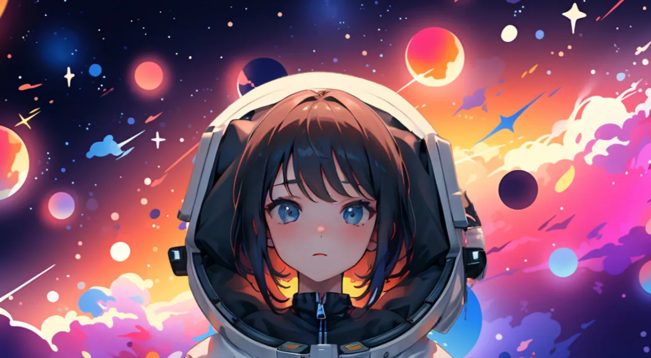 a girl in a space suit with planets in the background