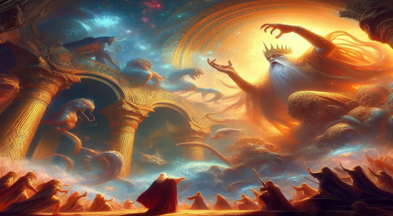 a painting of a giant monster surrounded by other monsters