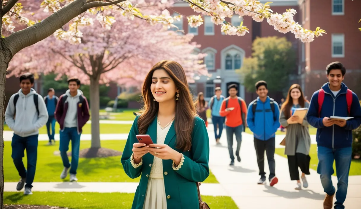 Campus Serenade: On a university campus, a Pakistani girl walking under a blossoming tree, a Bollywood song softly playing from her phone. The 4K wide shot captures students walking by and studying, but her smile and dreamy gaze reveal she is thinking about her boyfriend, who is attending a university in the United States, lost in her own romantic world.