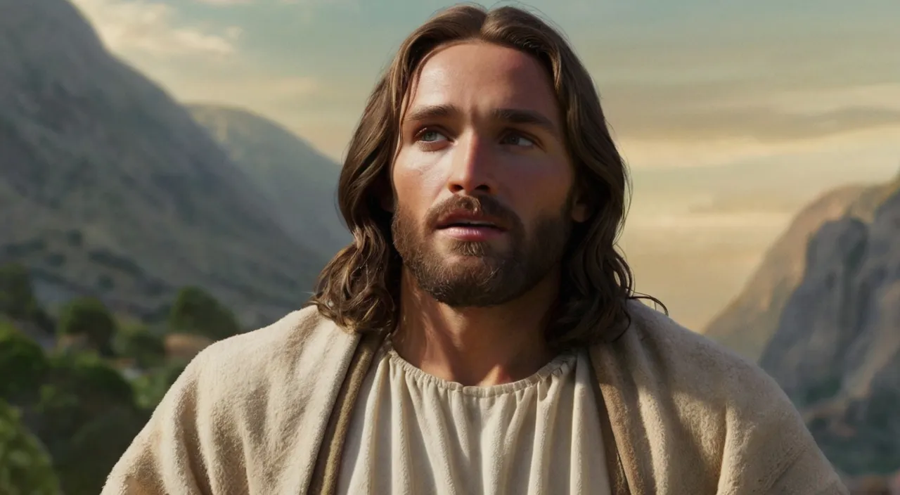 a man with long hair standing in front of mountains