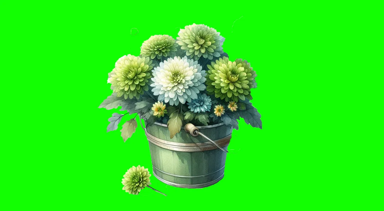 a painting of a bucket of flowers on a green background