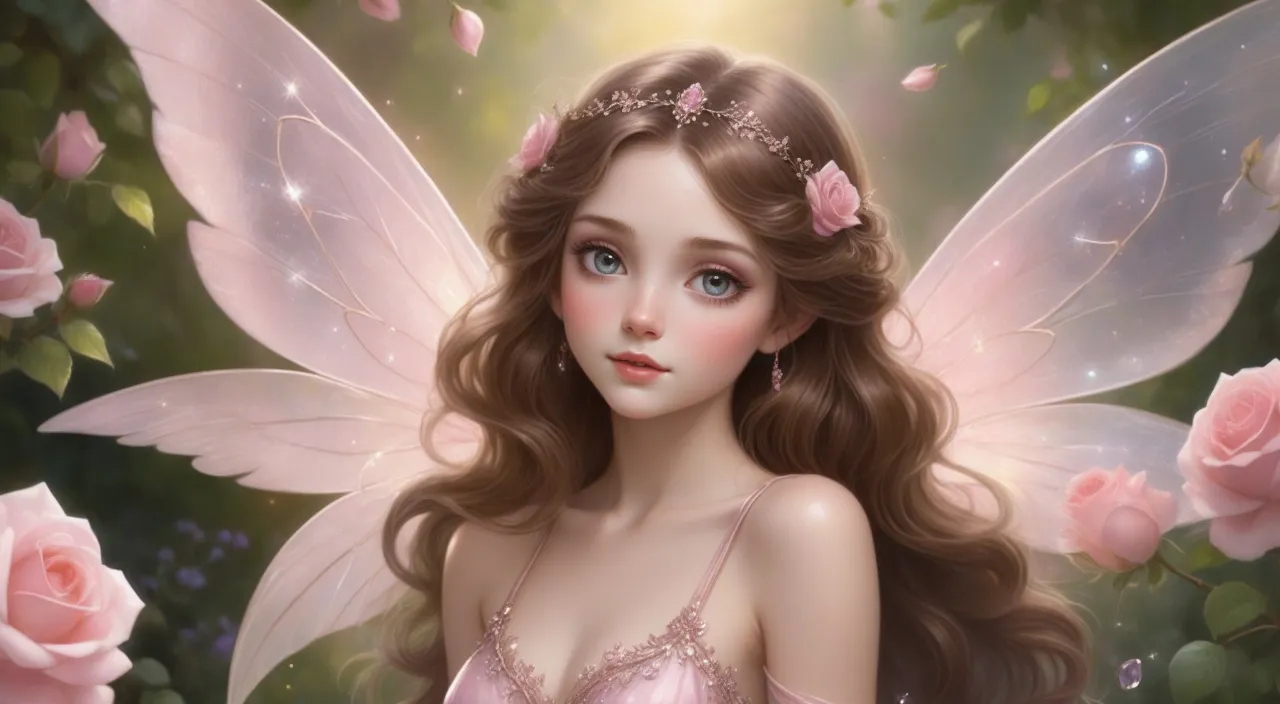 a fairy with long hair and a pink dress