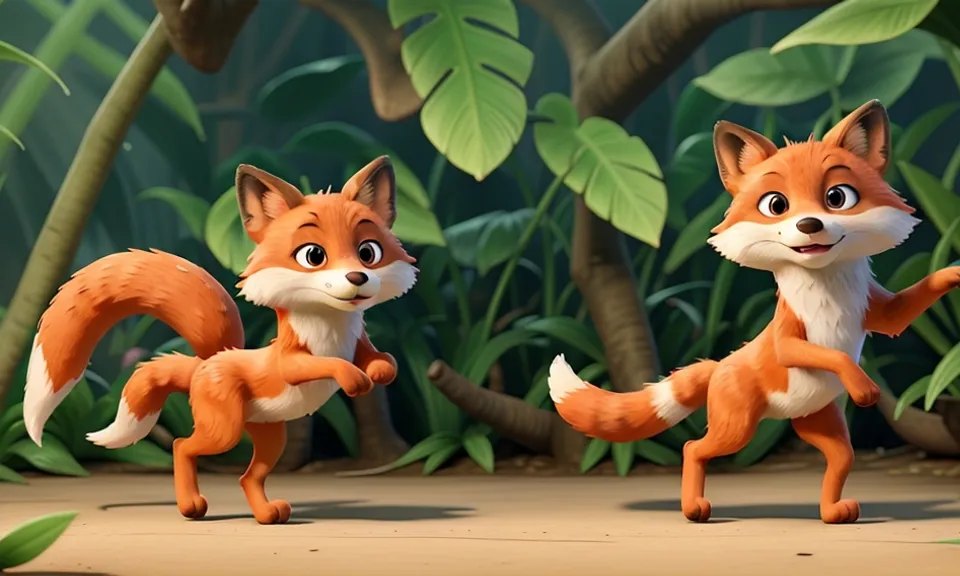 a couple of foxes standing next to each other and dances