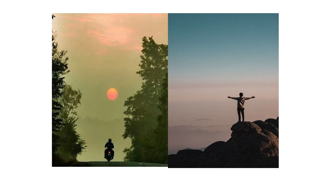 a man standing on top of a rock next to a picture of a person riding his motorbike 