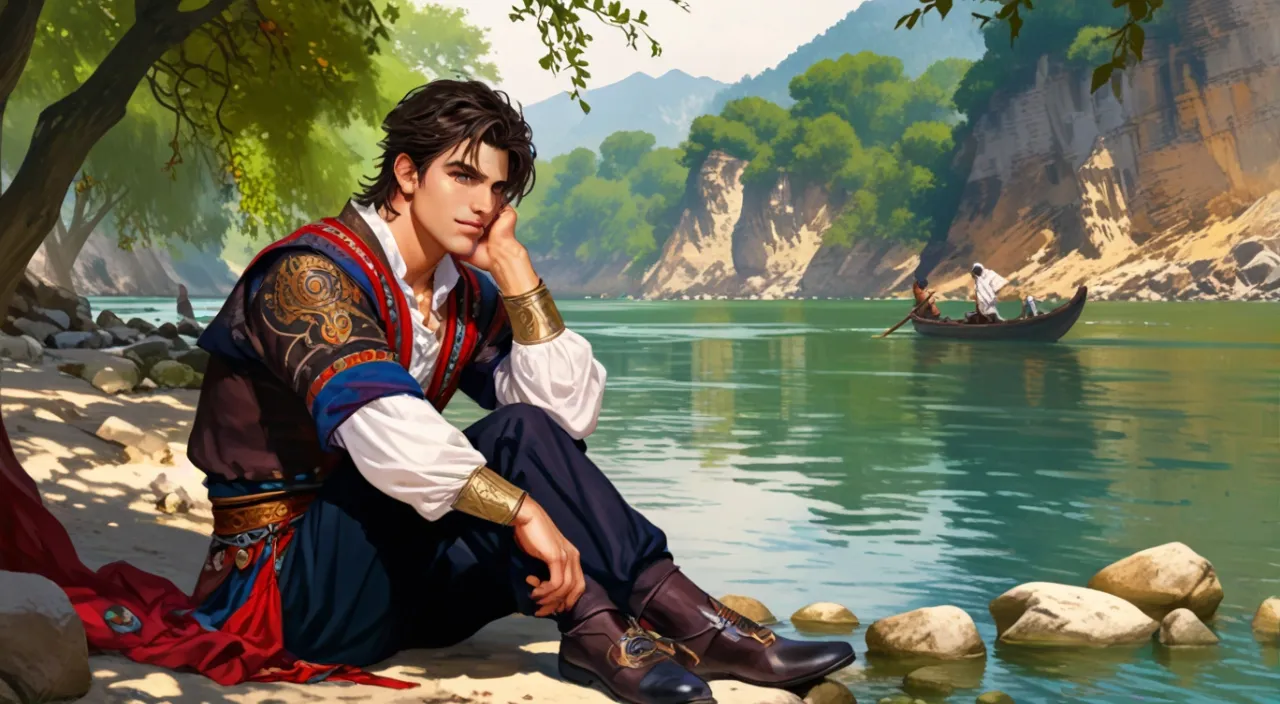 a painting of a man sitting on the shore of a lake