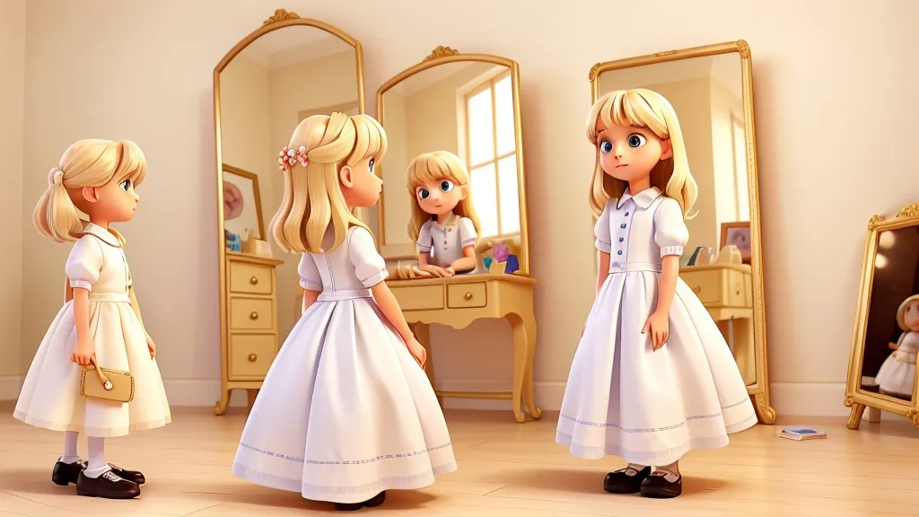 a little girl standing in front of a mirror