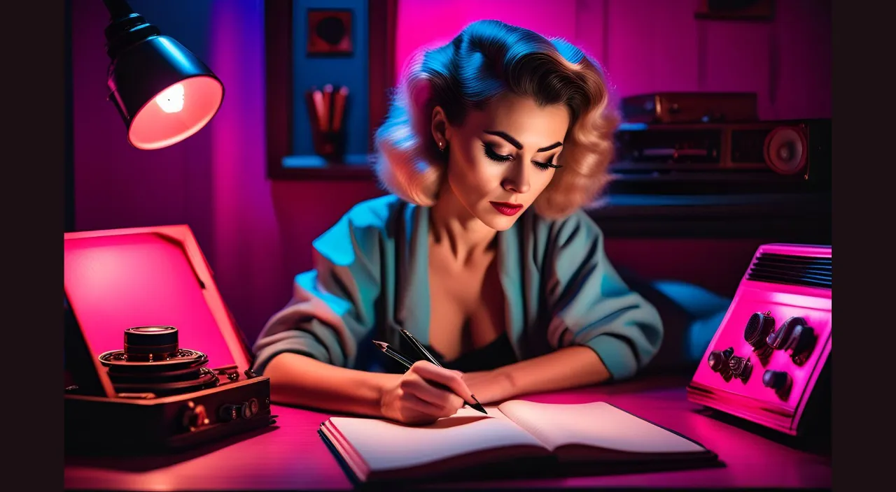 a woman sitting at a desk writing in a notebook