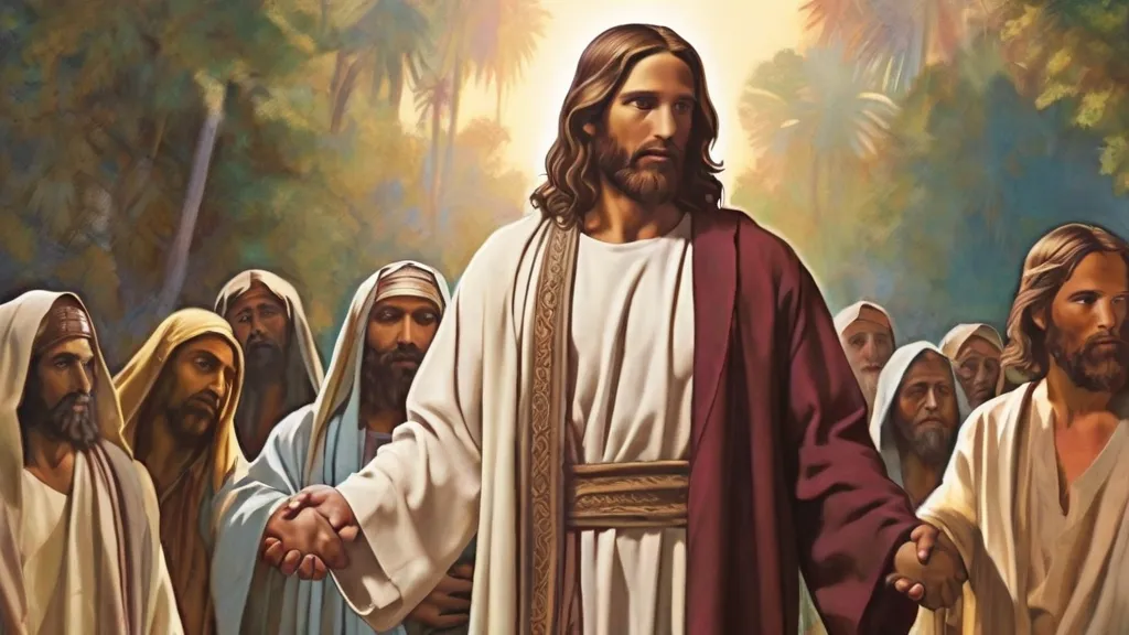 a painting of jesus holding the hand of a group of people