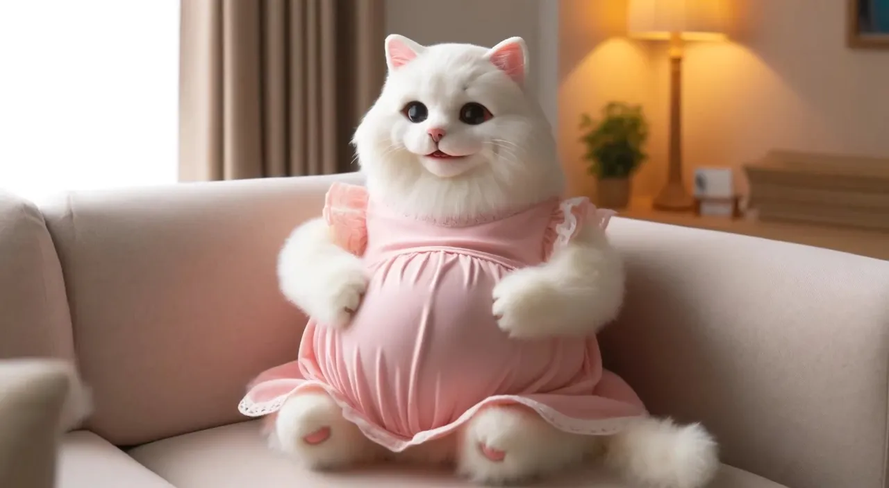 a white cat in a pink dress sitting on a couch