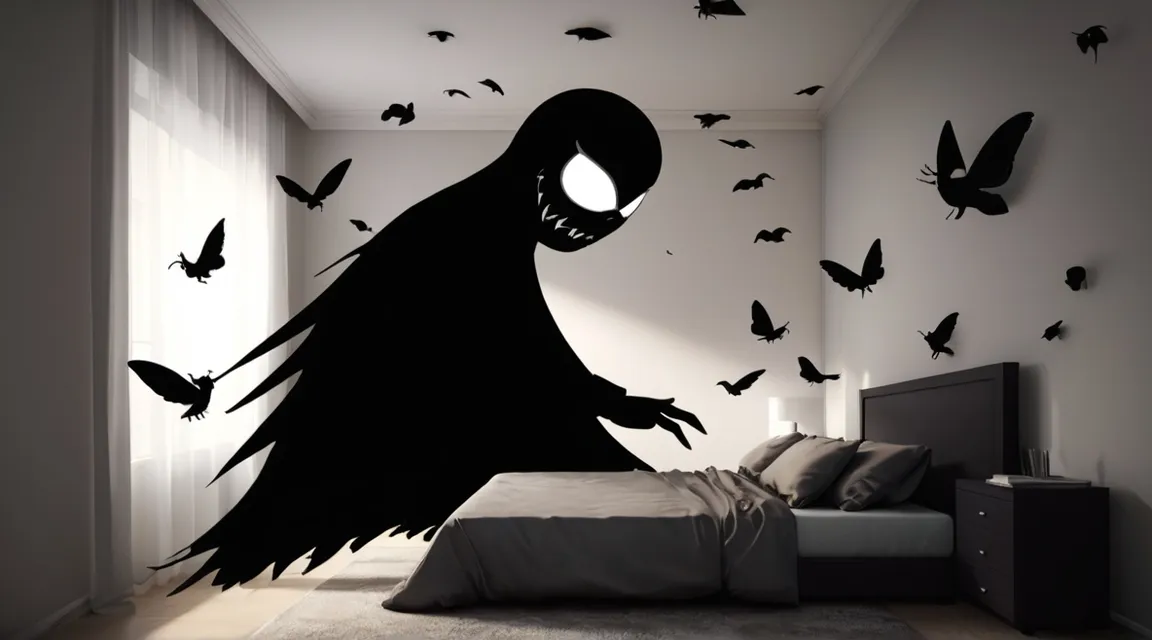 a bedroom with a bed and a wall with bats