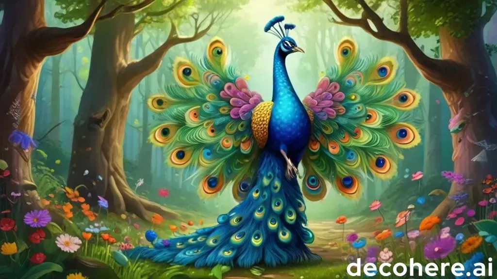 a painting of a peacock in a forest