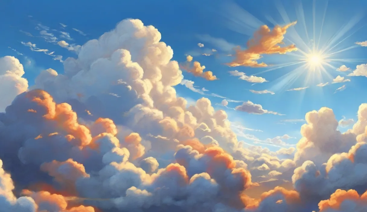 a painting of clouds and the sun in the sky.cartoon