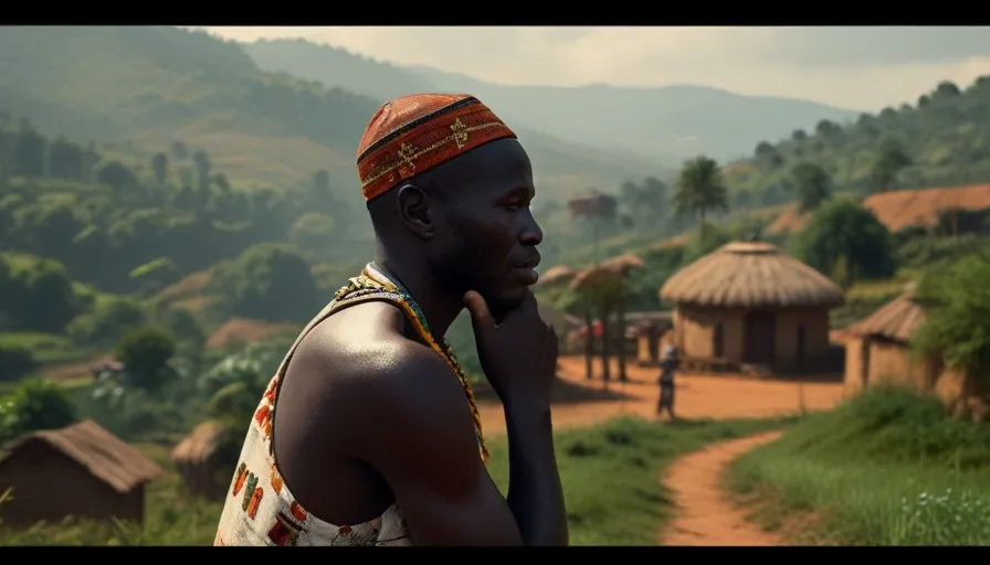 a man in a headdress stands in front of a village