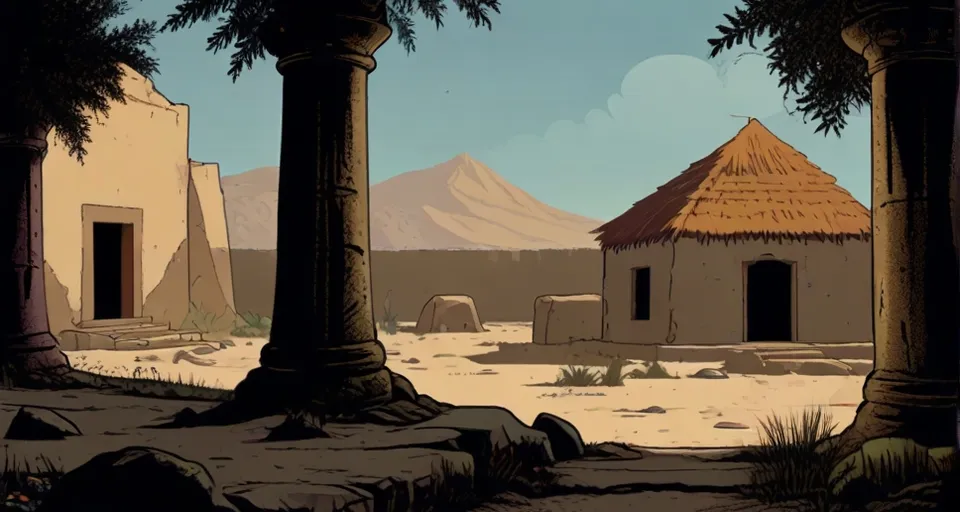 an animated scene of a desert with a hut in the background