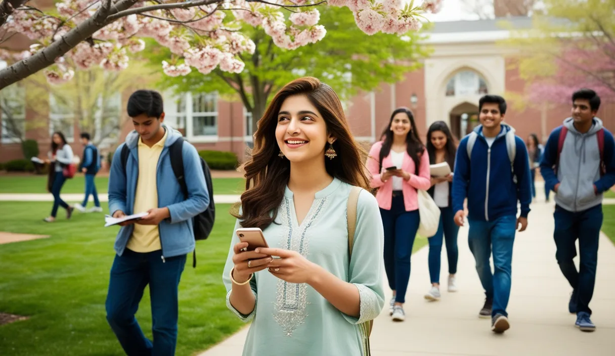 Campus Serenade: On a university campus, a Pakistani girl walking under a blossoming tree, a Bollywood song softly playing from her phone. The 4K wide shot captures students walking by and studying, but her smile and dreamy gaze reveal she is thinking about her boyfriend, who is attending a university in the United States, lost in her own romantic world.