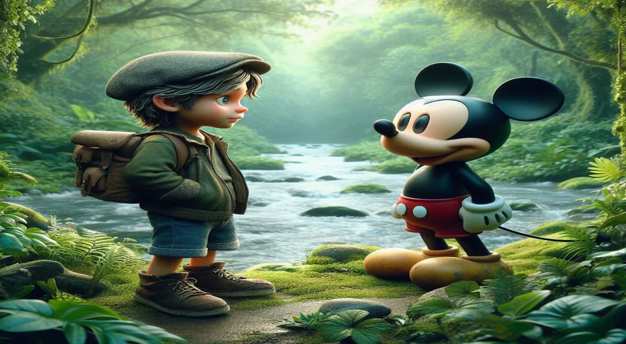 a young boy standing next to a mickey mouse