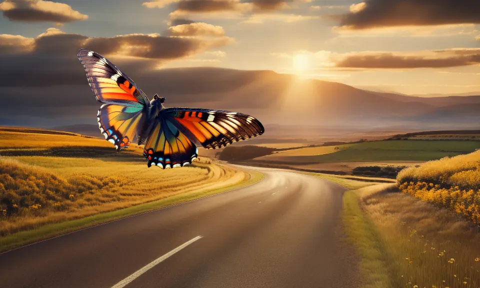 a colorful butterfly flying over a road in a beautiful foothills landscape